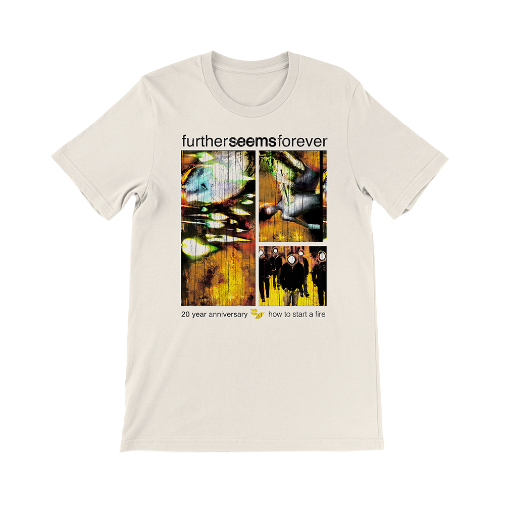 Official Further Seems Forever Merchandise. 100% cotton unisex t-shirt with a retail fit featuring 20th anniversary how to start a fire album cover design.
